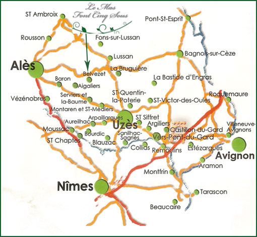 plan d'acces à notre chambre d'hotes dans le gard